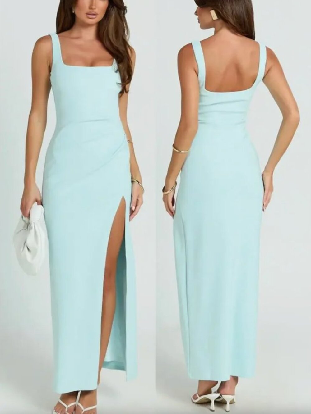 Showpo Light Blue Square Neck High Slit Formal Maxi Dress Wedding Guest Size 4